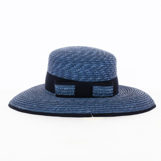 Leona Natural Blue Straw Wide-Brimmed Hat - Flechet