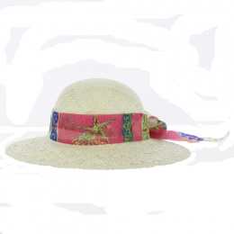 Wide-Brim Straw Hat with Pink and Blue Scarf - Traclet
