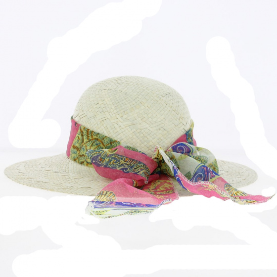 Wide-Brim Straw Hat with Pink and Blue Scarf - Traclet