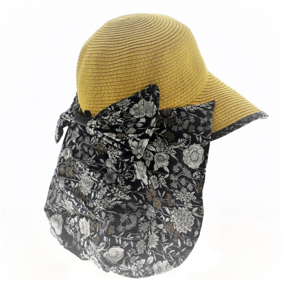 Palmira Yellow Floral Paper Straw Neck Flap Cap - Traclet Palmira Yellow Floral Paper Straw Neck Flap Cap - Traclet