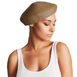 Audrey Paper Straw Beret Beige & Navy - Brixton