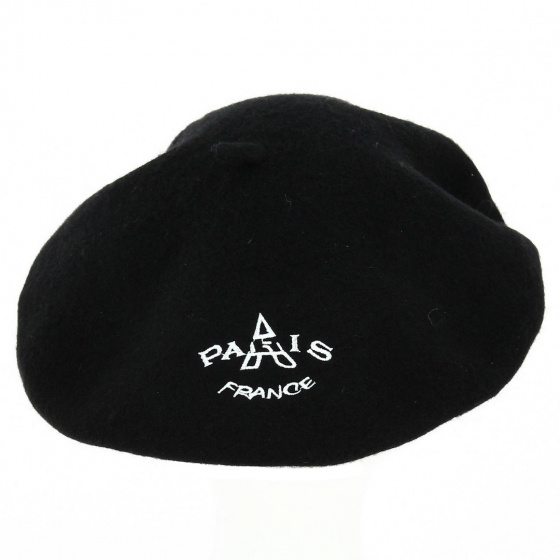 Paris Beret with Eiffel Tower Embroidery Black Wool - Traclet