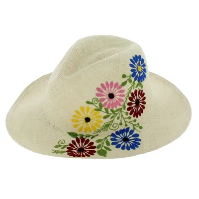Chapeau Panama Fleur multicolore Brodé  - Traclet Reference : 2566 | Chapellerie Traclet
