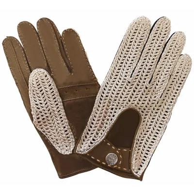 Brown Unlined Crochet Leather Driving Gloves - Glove Story Reference: 18609| Traclet Hat Shop
