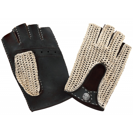 Black Leather & Cotton Driving Fingerless Gloves - Glove Story