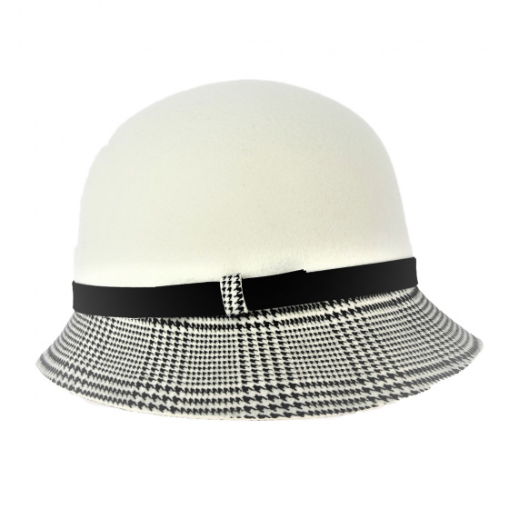 White and Houndstooth Wool Felt Cloche Hat - Traclet