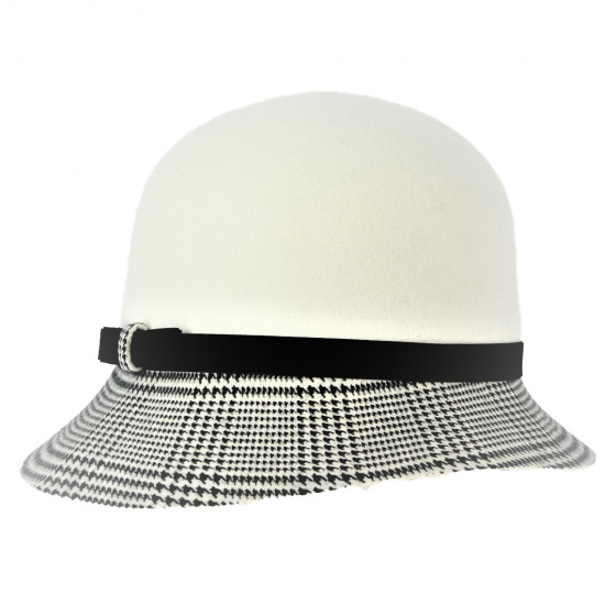 White and Houndstooth Wool Felt Cloche Hat - Traclet