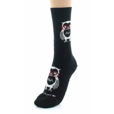 Black Cotton Owl Socks Made in France - Dagobert Reference: 18913| Chapellerie Traclet