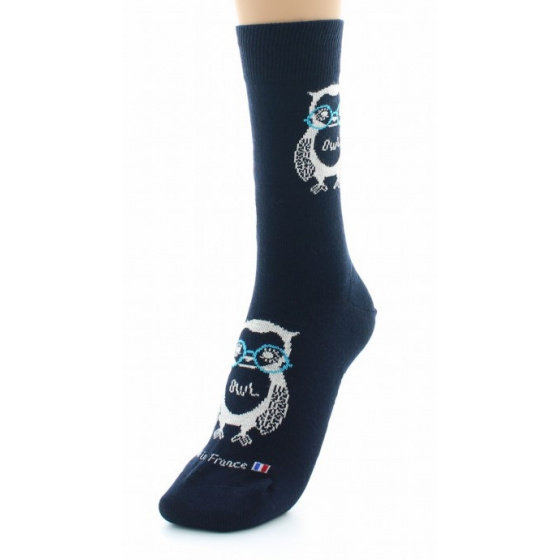 Owl Navy Cotton Socks Made in France - Dagobert