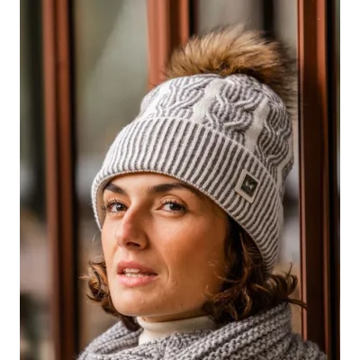Rina Gray Real Fur Pompom Beanie - Pipolaki Reference: 17135 | Chapellerie Traclet