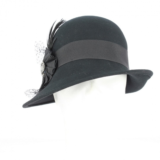 Black Wool Eyes Cloche Hat - Traclet