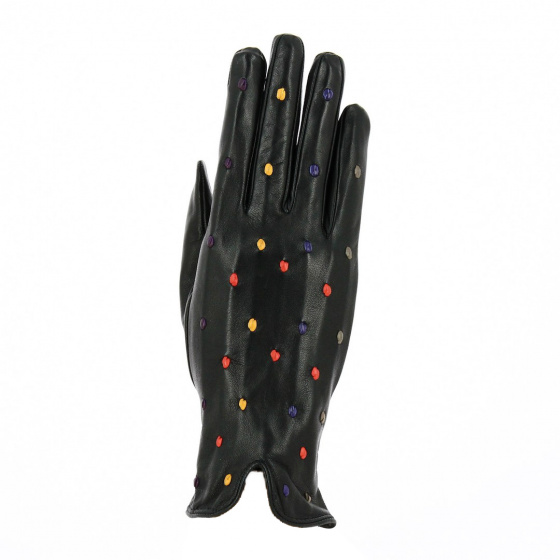 Women's Leather Gloves Black Dots Color - Caridel