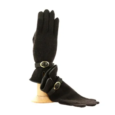 Gant dame laine bordé cuir avec boucle doré