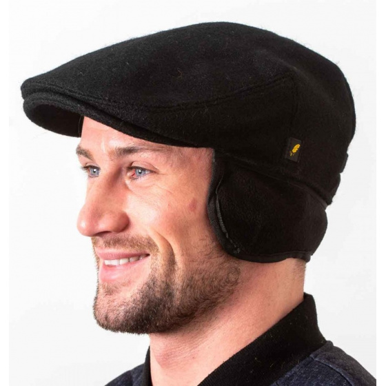 Flat Cap Dubliner Ear Flaps Black Wool - Hatman