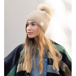 MERRY Rhinestone Beige Pompom Beanie - Pipolaki