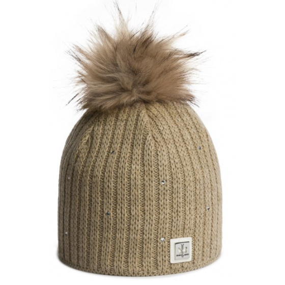 MERRY Rhinestone Beige Pompom Beanie - Pipolaki