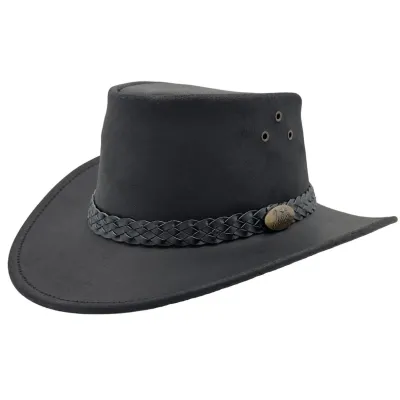 Australian Leather Hat Wallaroo Oil Black - Jacaru UV UPF 50+ - Jacaru Australia Reference: 19487| Traclet Hat Shop