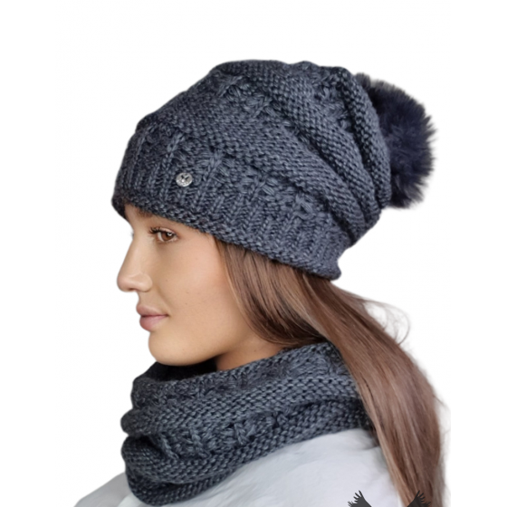 Louna Pom Pom Beanie & Scarf Set Grey - TRACLET