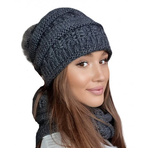 Ensemble Bonnet Pompon & snood Liana Gris - TRACLET Ensemble Bonnet Pompon & snood Liana Gris - TRACLET