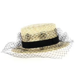 French Boater Hat with Veil Natural Straw - Traclet