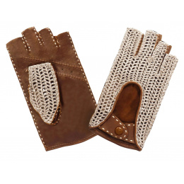Women's Leather & Cotton Tan Driving Fingerless Gloves - Glove Story