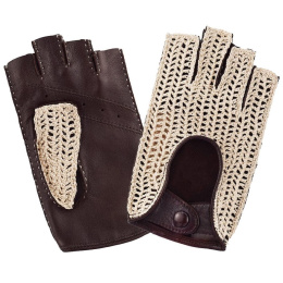 Women's Leather & Cotton Tan Driving Fingerless Gloves - Glove Story