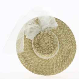 Straw boater hat with cream tulle bow and train - TRACLET Creation