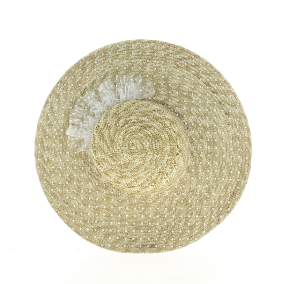 Straw wide-brimmed hat with polka dot tulle ornament. TRACLET creation Straw wide-brimmed hat with polka dot tulle ornament. TRACLET creation