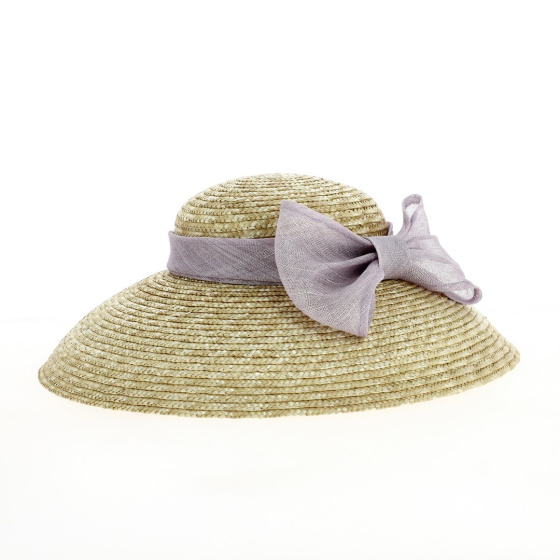 Natural straw lampshade wide-brimmed hat with violet hemp bow - TRACLET Creation