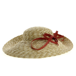 Asymmetrical wide-brimmed hat in natural straw with hemp brick bow - TRACLET Creation