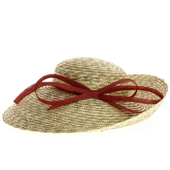 Capeline asymétrique en paille naturelle nœud chanvre brique - Création TRACLET