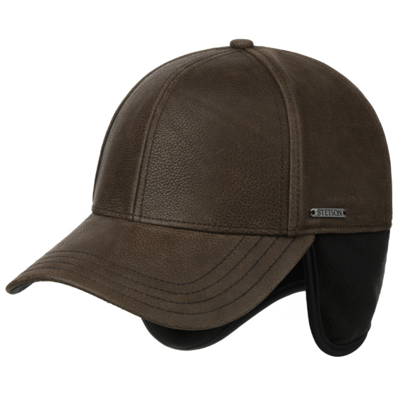 Brown Leather Baseball Cap with Ear Flaps - Stetson