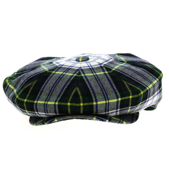 Navy and green tartan Irish cap with yellow stripe