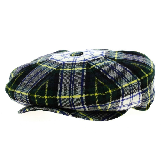 Navy and green tartan Irish cap with yellow stripe