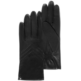 Women's Leather Chevron Fleece-Lined Black Gloves - Isotoner