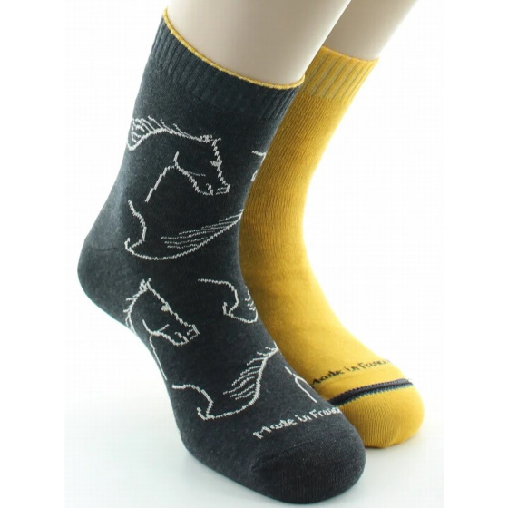 Reversible Horse Socks Anthracite & Yellow Made in France - Dagobert