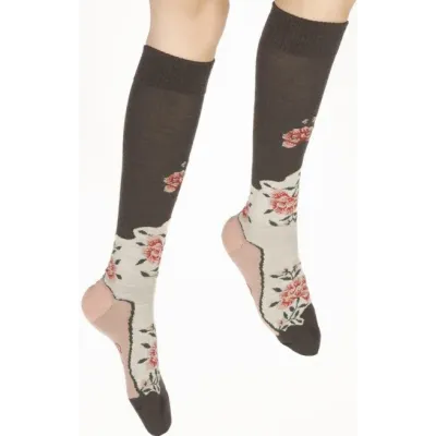 Women's Knee-High Combed Flower Socks Made in France - Berthe Reference: 20858 chapellerie traclet