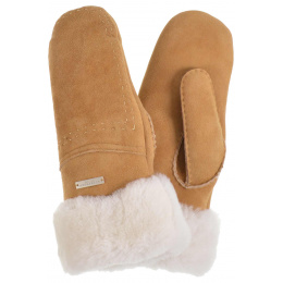 Women's Leather Mittens with Faux Fur Cognac - Isotoner