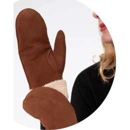 Women's Leather Mittens with Faux Fur Cognac - Isotoner