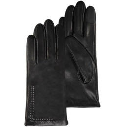 Women's Black Leather Gloves with Silk Lining and Topstitching - Isotoner
