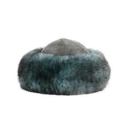 Irena Women's Toque in Turquoise Faux Fur & Grey Leather - Traclet