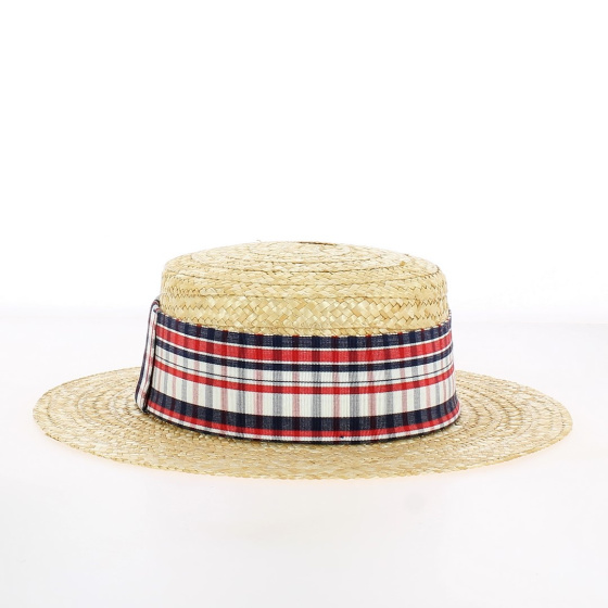 Chapeau de Paille Naturel – Bande Rayée Rouge, Blanc & Bleu