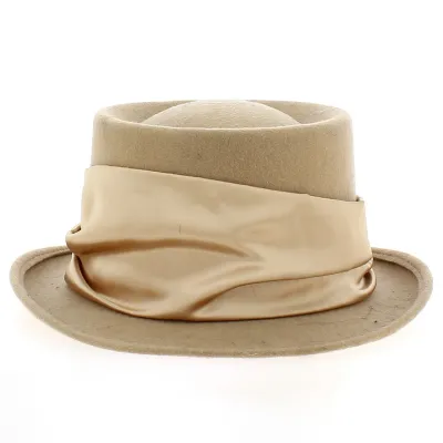 Beige Top Hat with Satin Ribbon