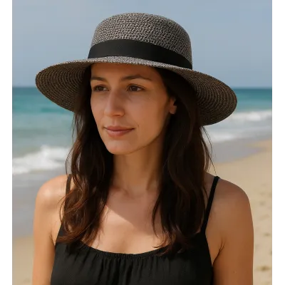 Black Paper Straw Stella Wide-Brimmed Hat - Traclet Reference: 22150| Traclet Hatmakers