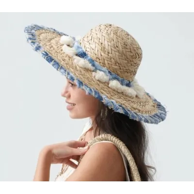 Summer Wide-Brimmed Hat Dalia Straw With Pompoms And Borders - Traclet reference 22202 traclet hatmakers