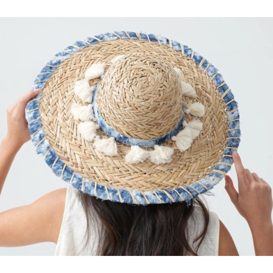 Summer Wide-Brimmed Hat Dalia Straw With Pompoms And Borders - Traclet