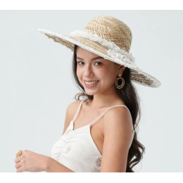 Summer Wide-Brimmed Hat Serena Straw with Lace and Pearls - Traclet