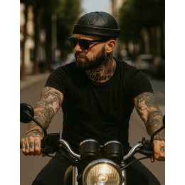 Black Leather Biker Beanie - Bullet Style Seven Jocker