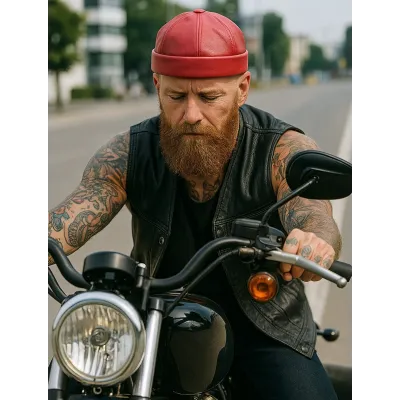 Red Leather Docker Biker Beanie - Aussie Apparel Reference: 8850 | Chapellerie Traclet