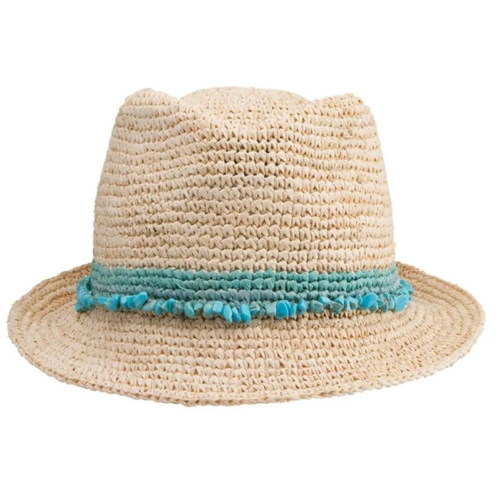 Natural & Turquoise Raffia Straw Trilby Hat - House Of Ord
